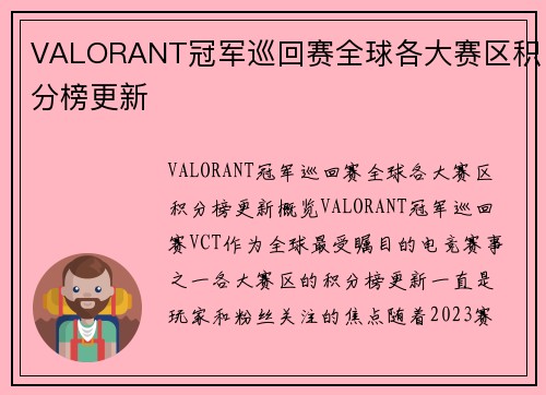 VALORANT冠军巡回赛全球各大赛区积分榜更新